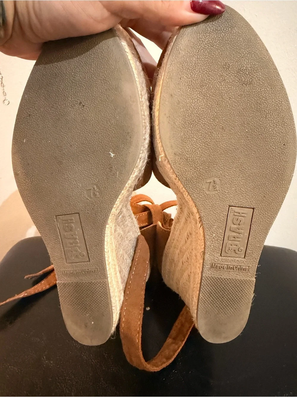 Brash Cognac Suede Espadrille Wedge Sandals with Ankle Wrap